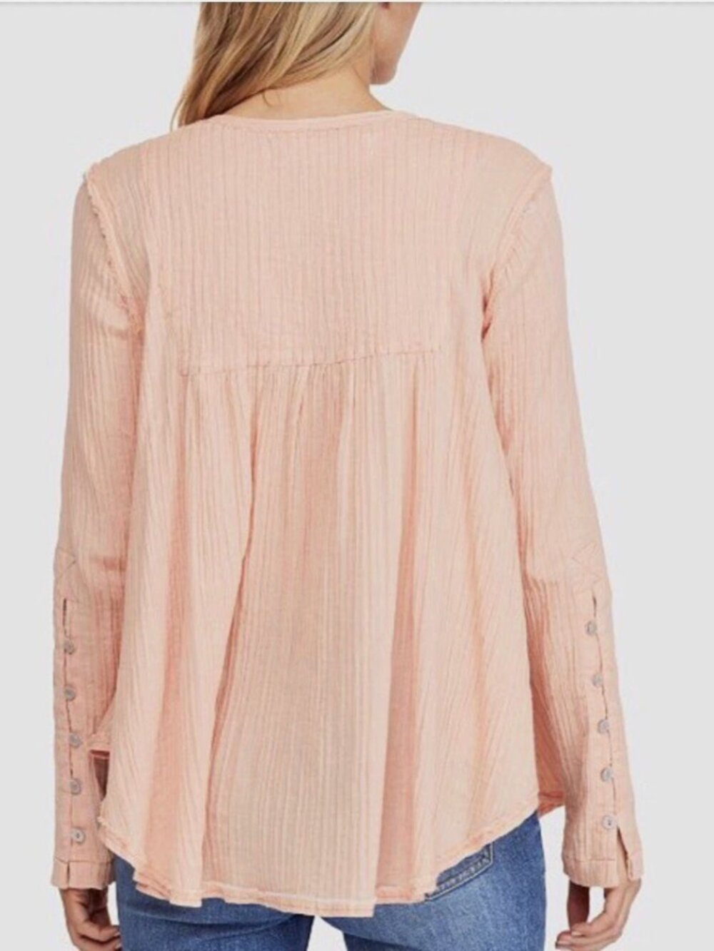 We The Free "Sand Dune" Henley Blouse In Peach - Size L - Picture 5 of 10
